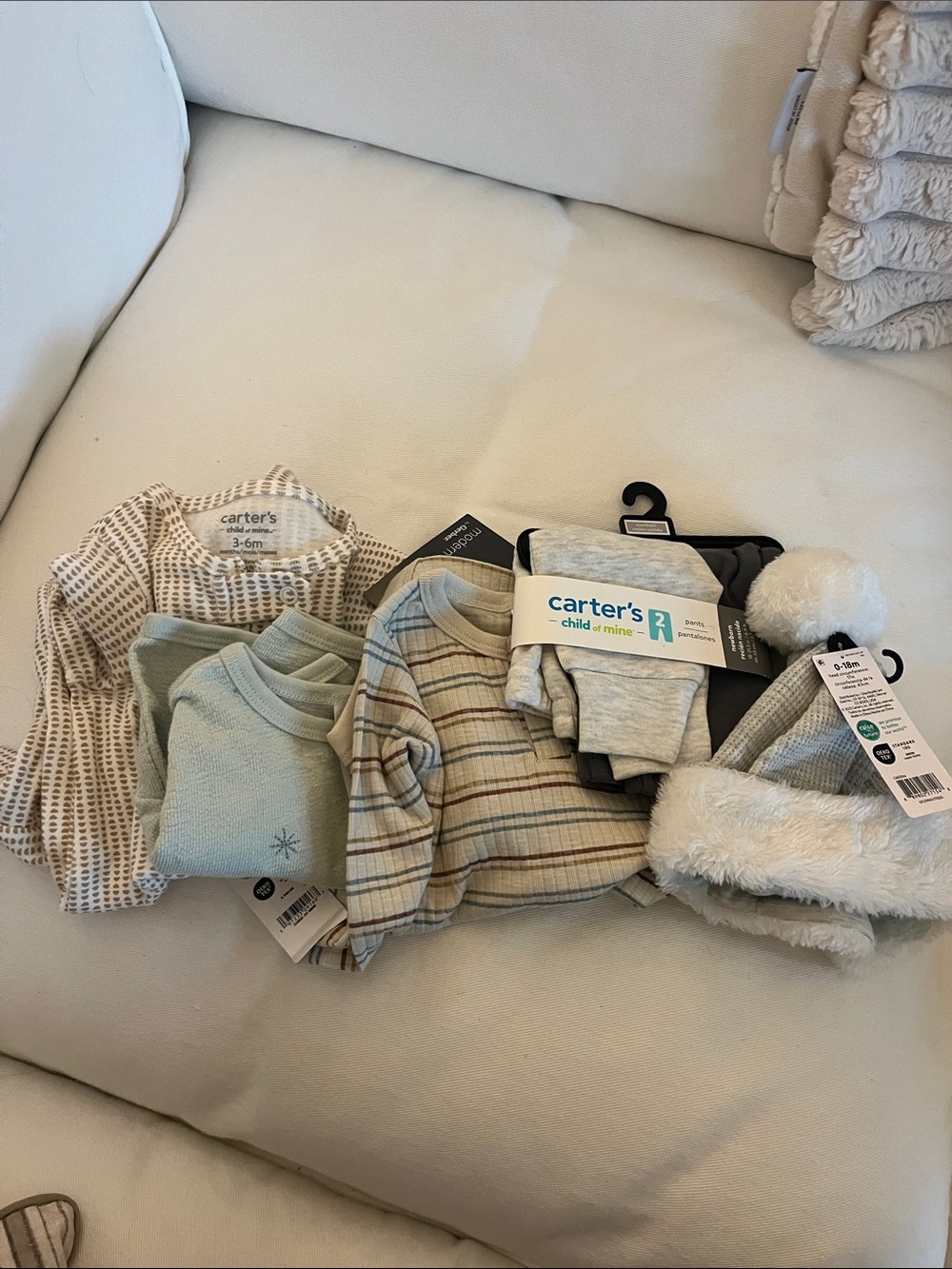 Carter's and Gerber Neutral Baby Outfit Set in Cream, Light Blue & Gray